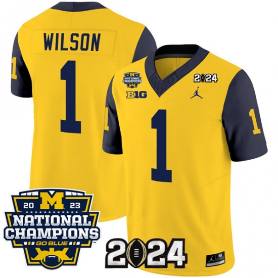 Men's Michigan Wolverines #1 Roman Wilson Yellow Navy 2024 F.U.S.E. With 2023 National Champions Stitched Jersey - Ujersey