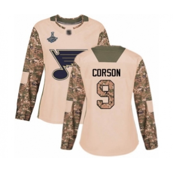 Women's St. Louis Blues #9 Shayne Corson Authentic Camo Veterans Day Practice 2019 Stanley Cup Champions Hockey Jersey - Ujersey