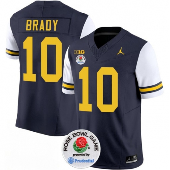 Men's Michigan Wolverines #10 Tom Brady 2023 F.U.S.E. Navy White Rose Bowl Stitched Jersey - Ujersey