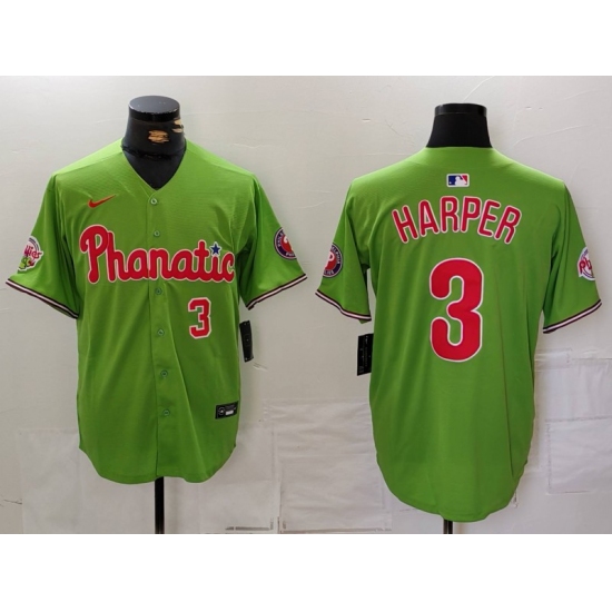 Men's Philadelphia Phillies #3 Bryce Harper Number Green With Stitched Cool Base Nike Jersey - Ujersey