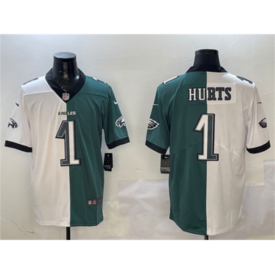 Men's Philadelphia Eagles #1 Jalen Hurts White & Green Split Vapor Untouchable Limited Football Stitched Jersey - Ujersey