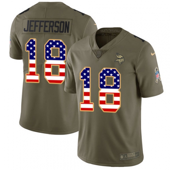 Youth Minnesota Vikings #18 Justin Jefferson Olive USA Flag Stitched NFL Limited 2017 Salute To Service Jersey - Ujersey