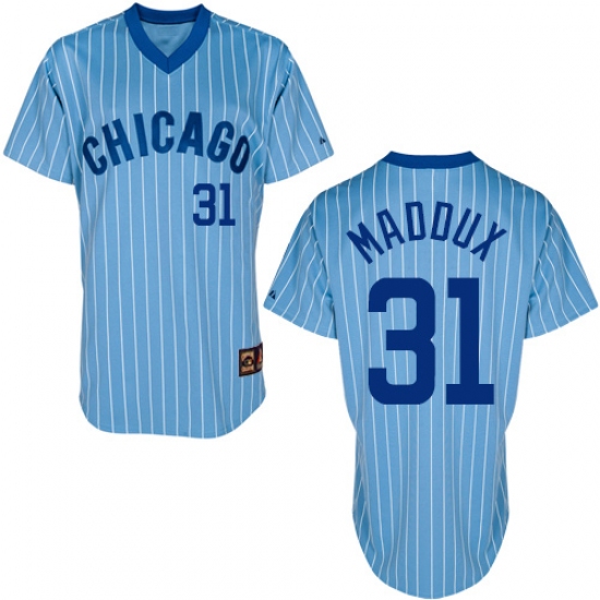 Men's Majestic Chicago Cubs #31 Greg Maddux Authentic Blue/White Strip Cooperstown Throwback MLB Jersey - Ujersey