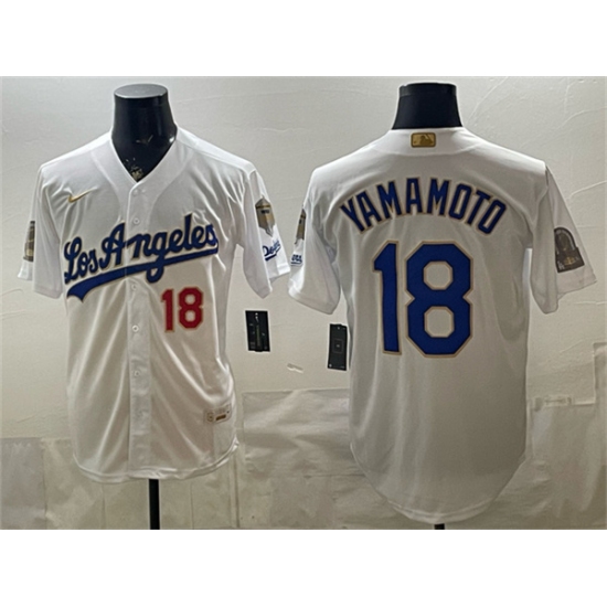 Men's Los Angeles Dodgers #18 Yoshinobu Yamamoto White 2026 Gold Collection 9x & B2B Champs Stitched Baseball Jersey - Ujersey
