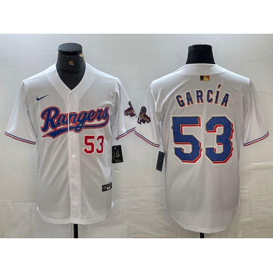 Men's Texas Rangers #53 Adolis Garcia Number White 2023 World Series Champions Cool Base Jersey - Ujersey