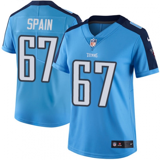 Women's Nike Tennessee Titans #67 Quinton Spain Limited Light Blue Rush Vapor Untouchable NFL Jersey - Ujersey