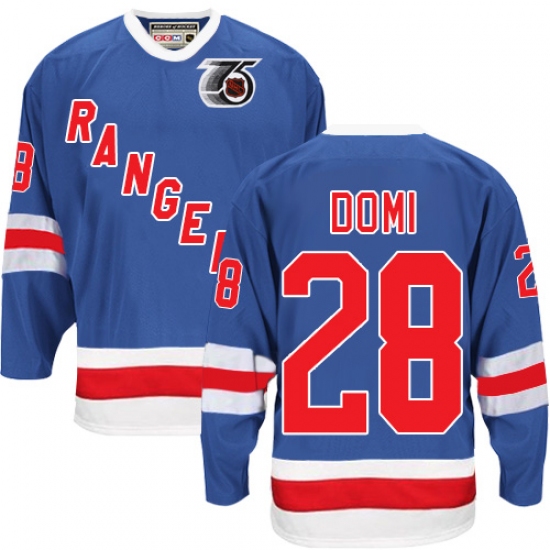 Men's CCM New York Rangers #28 Tie Domi Authentic Royal Blue 75TH Throwback NHL Jersey - Ujersey