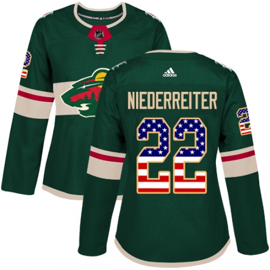 Women's Adidas Minnesota Wild #22 Nino Niederreiter Authentic Green USA Flag Fashion NHL Jersey - Ujersey