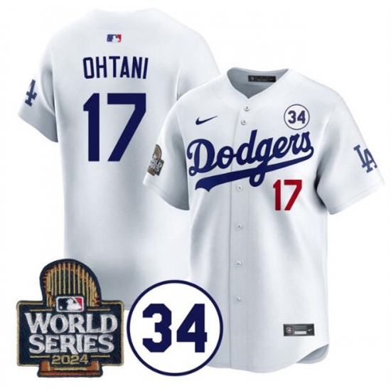 Men's Los Angeles Dodgers #17 Shohei Ohtani White 2024 World Series With No. 34 Limited Stitched Baseball Jersey