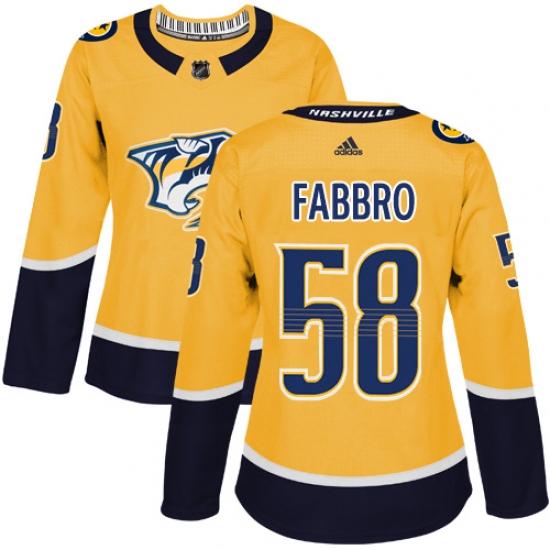 Women's Adidas Nashville Predators #58 Dante Fabbro Authentic Gold Home NHL Jersey - Ujersey