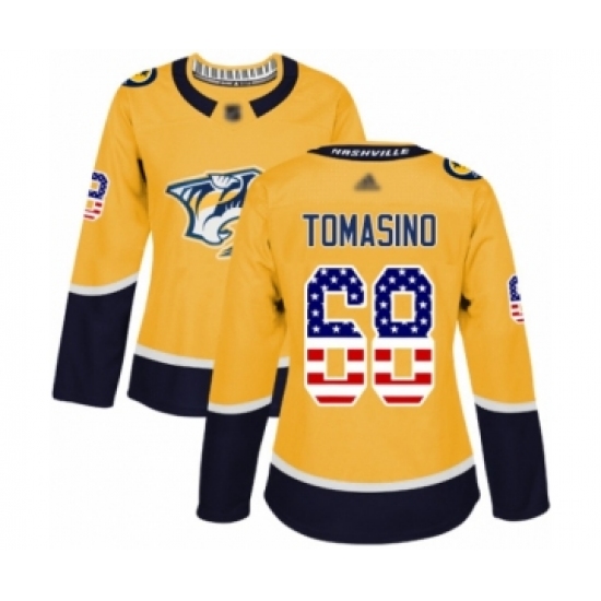 Women's Nashville Predators #68 Philip Tomasino Authentic Gold USA Flag Fashion Hockey Jersey