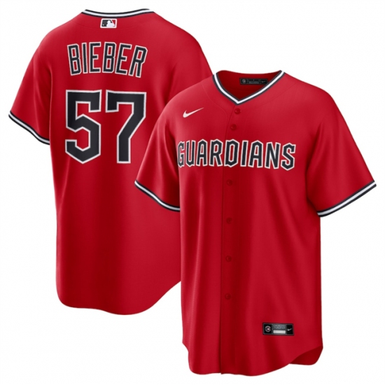 Men's Cleveland Guardians #57 Shane Bieber Red Cool Base Stitched Baseball Jersey - Ujersey