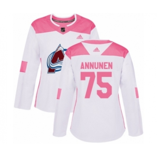 Women's Adidas Colorado Avalanche #75 Justus Annunen Authentic White Pink Fashion NHL Jersey