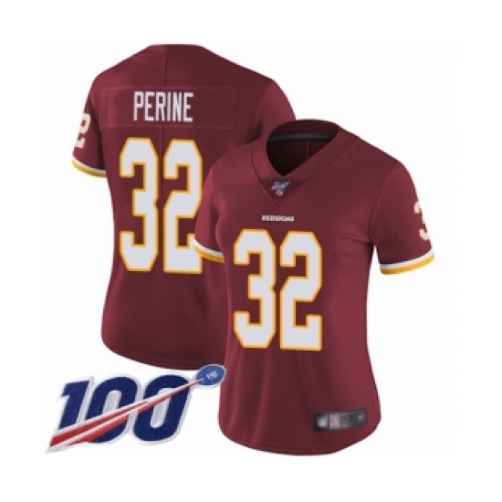 Women's Washington Redskins #32 Samaje Perine Burgundy Red Team Color Vapor Untouchable Limited Player 100th Season Football Jersey