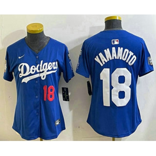 Women's Los Angeles Dodgers #18 Yoshinobu Yamamoto Number Blue 2024 World Series With Fernando 34 Fashion Limited Stitched Jersey - Ujersey