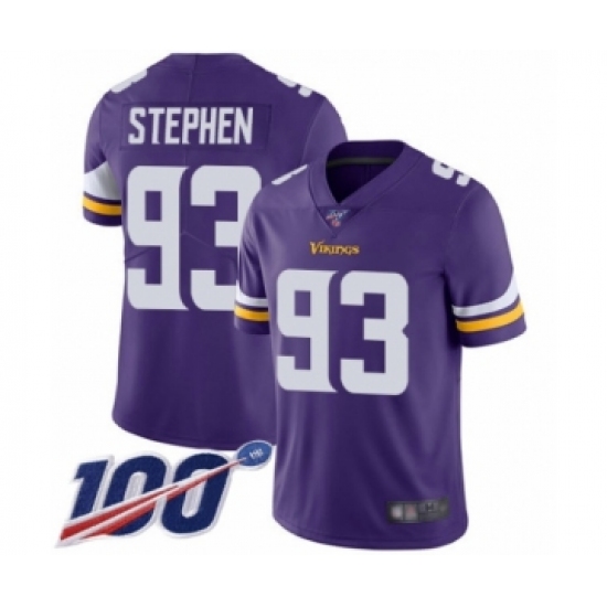 Youth Minnesota Vikings #93 Shamar Stephen Purple Team Color Vapor Untouchable Limited Player 100th Season Football Jersey - Ujersey