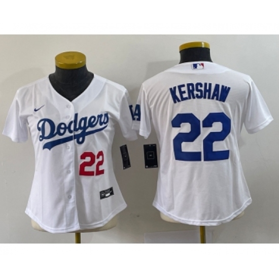 Women's Nike Los Angeles Dodgers #22 Clayton Kershaw Number White Stitched MLB Cool Base Nike Jersey - Ujersey