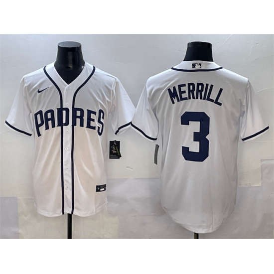 Men's San Diego Padres #3 Jackson Merrill White Cool Base Stitched Baseball Jersey - ujerseystore