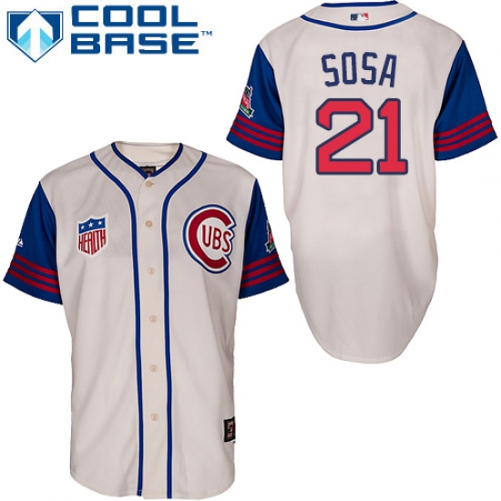 Men's Majestic Chicago Cubs #21 Sammy Sosa Authentic Cream/Blue 1942 Turn Back The Clock MLB Jersey - Ujersey