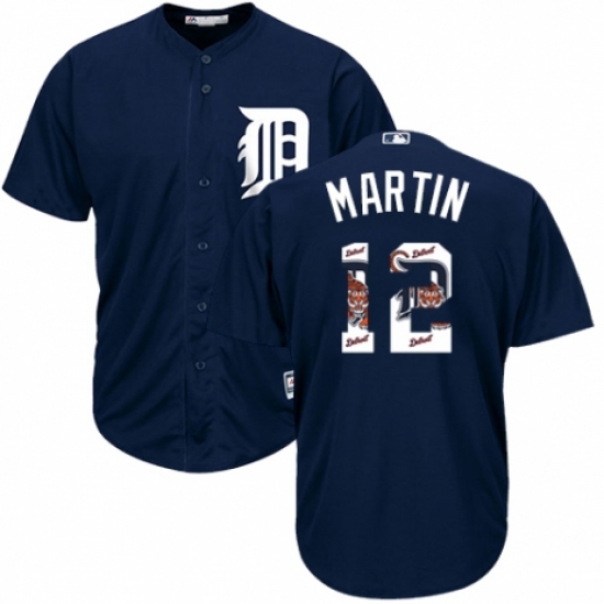 Men's Majestic Detroit Tigers #12 Leonys Martin Authentic Navy Blue Team Logo Fashion Cool Base MLB Jersey - Ujersey