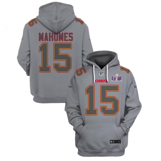 Men's Kansas City Chiefs #15 Patrick Mahomes Gray Super Bowl LVIII Patch Limited Edition Hoodie - Ujersey