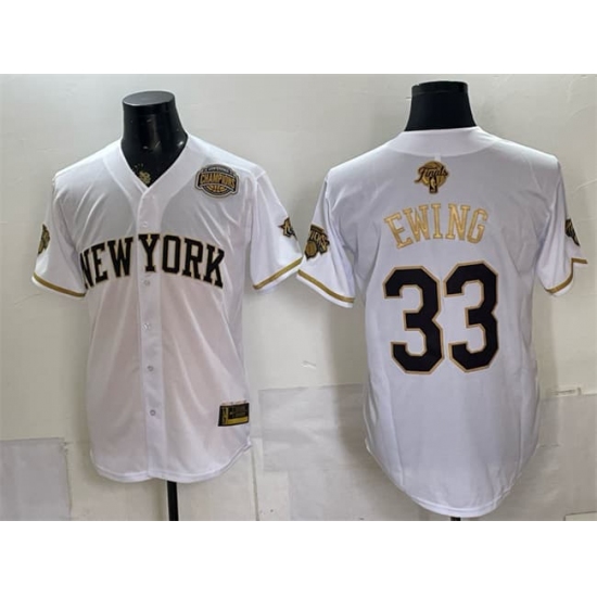 Men's New York Knicks #33 Patrick Ewing White Gold 2026 Finals & Eastern Conference Champions Stitched Baseball Jersey - Ujersey