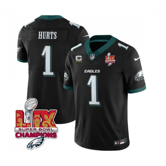 Men's Philadelphia Eagles #1 Jalen Hurts Black 2025 Eagles Logo Super Bowl LIX New F.U.S.E. Vapor Untouchable Limited Football Stitched Jersey - Ujersey