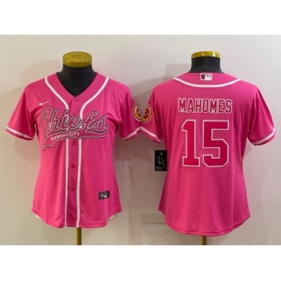 Women's Kansas City Chiefs #15 Patrick Mahomes Pink With Patch Cool Base Stitched Baseball Jersey - Ujersey