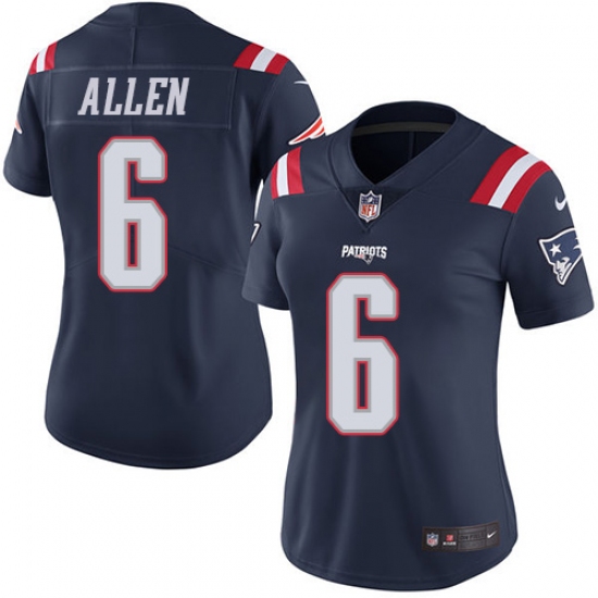 Women's Nike New England Patriots #6 Ryan Allen Limited Navy Blue Rush Vapor Untouchable NFL Jersey - Ujersey