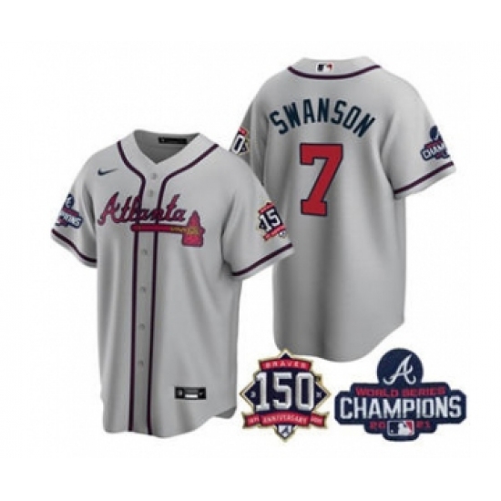 Men's Atlanta Braves #7 Dansby Swanson 2021 Gray World Series Champions With 150th Anniversary Patch Cool Base Stitched Jersey - Ujersey