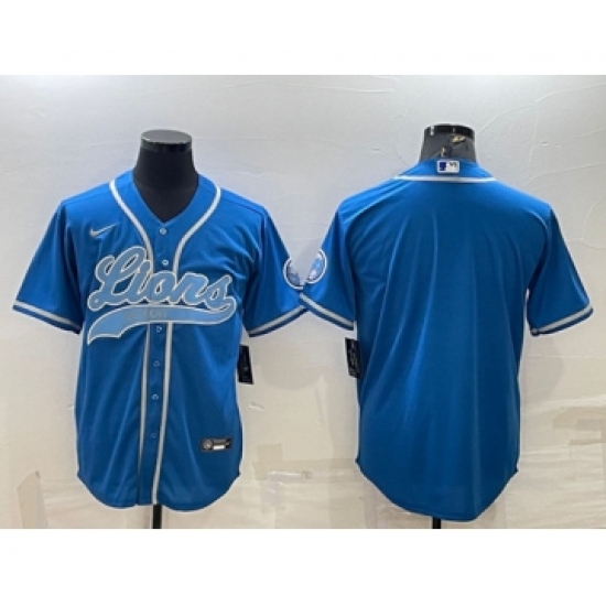 Men's Detroit Lions Blank Blue With Patch Cool Base Stitched Baseball Jersey - Ujersey