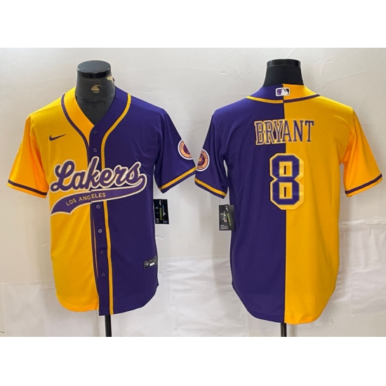 Men's Los Angeles Lakers #8 Kobe Bryant Gold Purple Split Stitched Baseball Jersey - Ujersey
