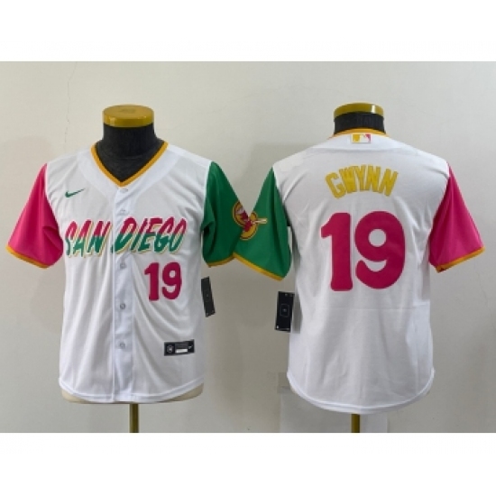 Youth San Diego Padres #19 Tony Gwynn White Number 2022 City Connect Cool Base Stitched Jersey - Ujersey