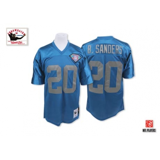 Mitchell And Ness Detroit Lions #20 Barry Sanders Blue With 75 Anniversary Patch Authentic Throwback NFL Jersey - Ujersey