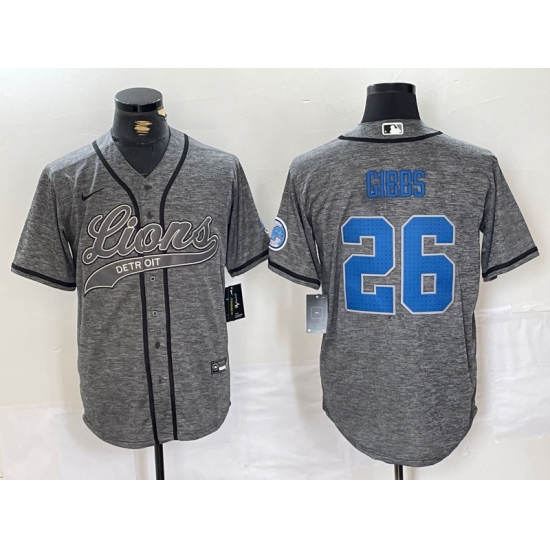 Men's Detroit Lions #26 Jahmyr Gibbs Grey Gridiron With Cool Base Stitched Baseball Jersey - Ujersey
