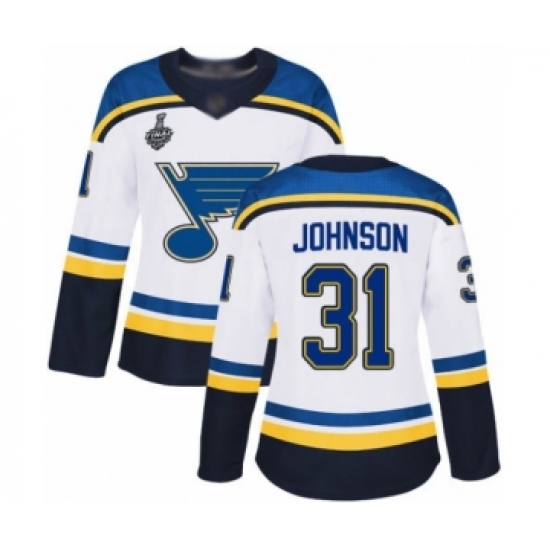 Women's St. Louis Blues #31 Chad Johnson Authentic White Away 2019 Stanley Cup Final Bound Hockey Jersey - Ujersey