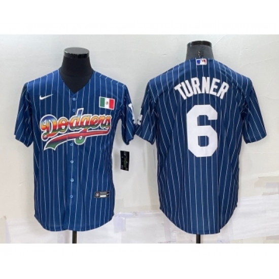 Men's Los Angeles Dodgers #6 Trea Turner Rainbow Blue Red Pinstripe Mexico Cool Base Nike Jersey - Ujersey