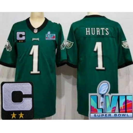 Men's Philadelphia Eagles #1 Jalen Hurts Limited Green C Patch Super Bowl LVII Vapor Jersey - Ujersey