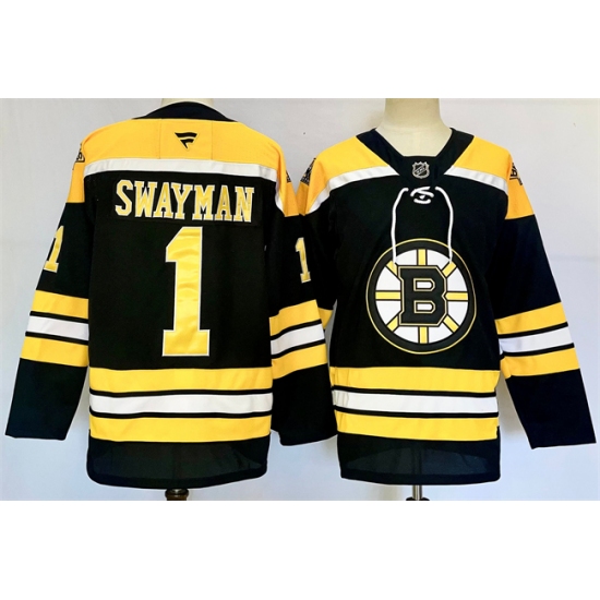 Men's Boston Bruins #1 Jeremy Swayman Black 2024-25 Home Stitched Hockey Jersey - Ujersey