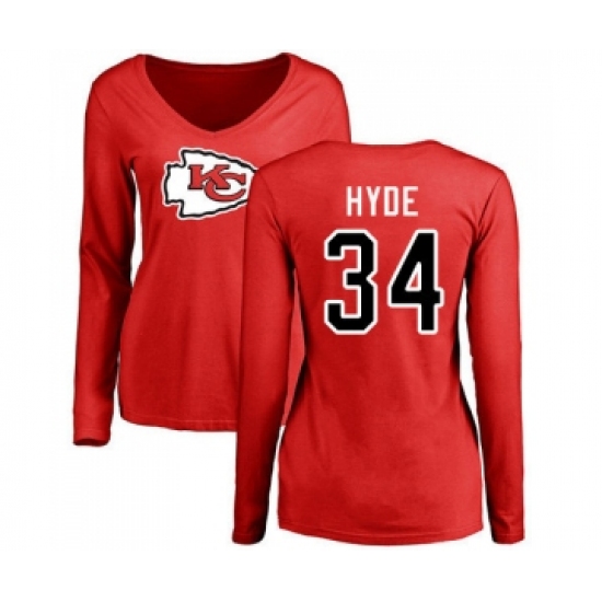 Football Women's Kansas City Chiefs #34 Carlos Hyde Red Name & Number Logo Slim Fit Long Sleeve T-Shirt - Ujersey