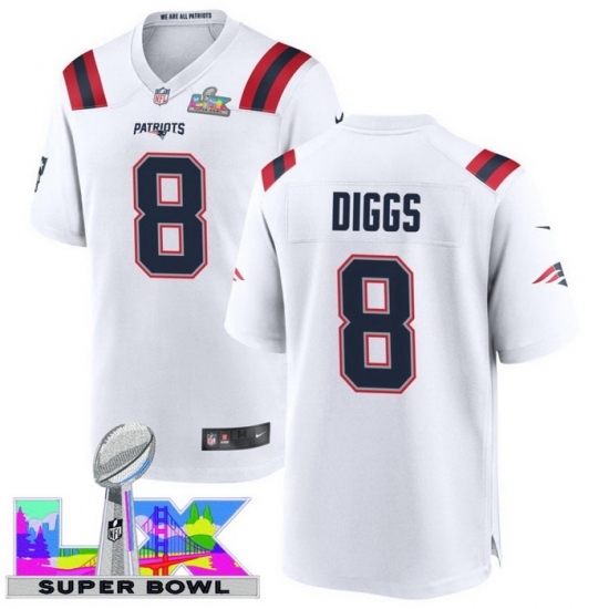 Men's New England Patriots #8 Stefon Diggs White 2025 2026 Super Bowl LX F U S E Stitched Jersey - ujerseystore