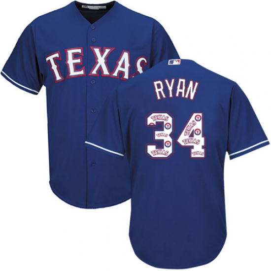 Men's Majestic Texas Rangers #34 Nolan Ryan Authentic Royal Blue Team Logo Fashion Cool Base MLB Jersey