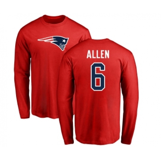 Football New England Patriots #6 Ryan Allen Red Name & Number Logo Long Sleeve T-Shirt - Ujersey