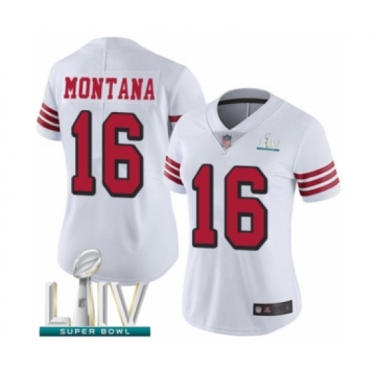 Women's San Francisco 49ers #16 Joe Montana Limited White Rush Vapor Untouchable Super Bowl LIV Bound Football Jersey - Ujersey