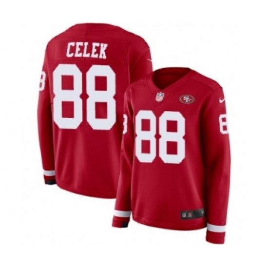 Women's Nike San Francisco 49ers #88 Garrett Celek Limited Red Therma Long Sleeve NFL Jersey - Ujersey