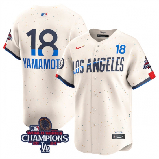 Men's Los Angeles Dodgers #18 Yoshinobu Yamamoto Cream 2024 World Series Champions City Connect Limited Stitched Baseball Jersey - Ujersey