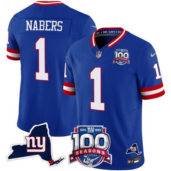 Men's New York Giants 1 Malik Nabers Royal 2024 F U S E 100th Season And State Vapor Limited Stitched Football Jersey - Ujersey