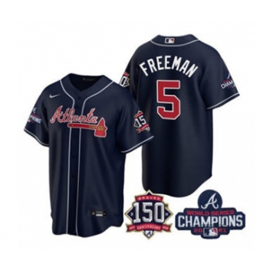 Men's Atlanta Braves #5 Freddie Freeman 2021 Navy World Series Champions With 150th Anniversary Patch Cool Base Stitched Jersey - Ujersey