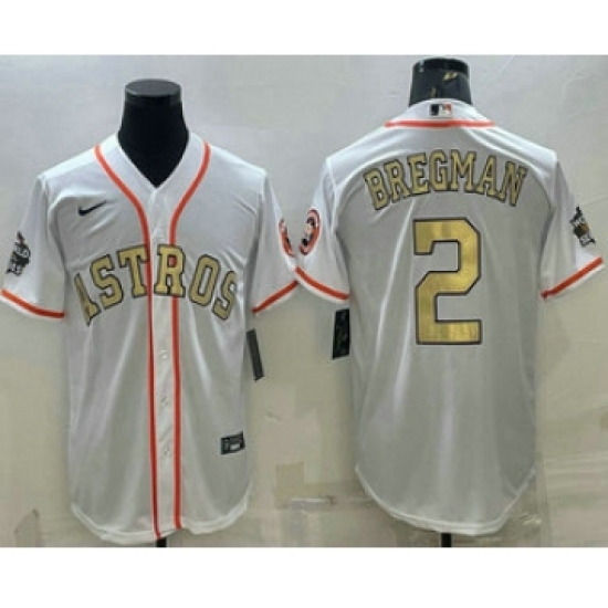 Men's Houston Astros #2 Alex Bregman White Gold 2022 World Series Champions Stitched Cool Base Nike Jersey - Ujersey