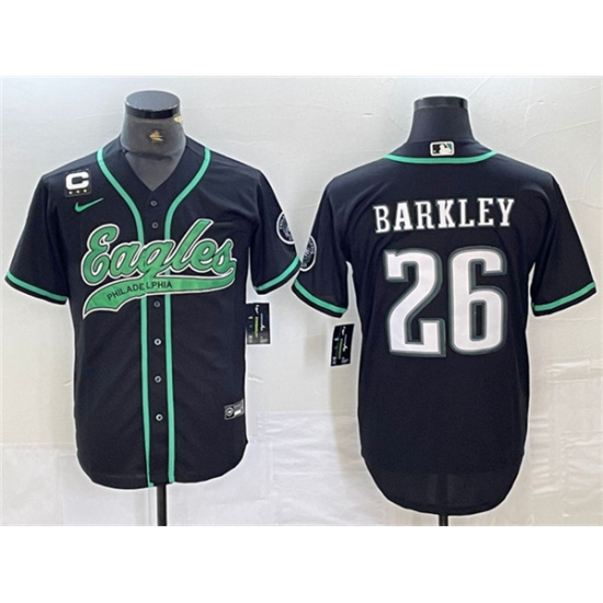 Men's Philadelphia Eagles #26 Saquon Barkley Black With 3-star C Cool Base Baseball Stitched Jersey - Ujersey